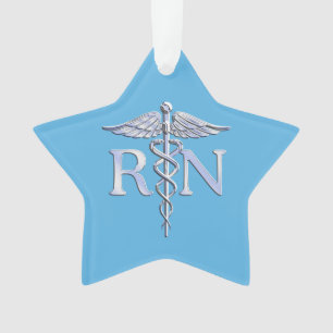 Registered Nurse RN Silver Caduceus on Baby Blue Ornament