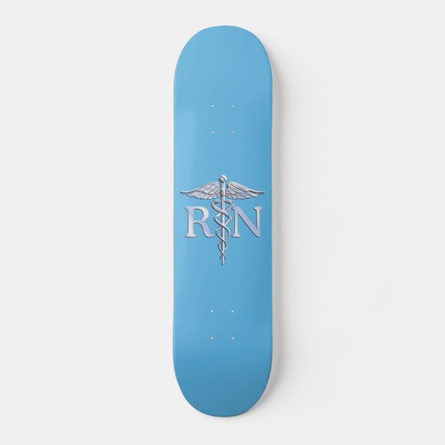 Registered Nurse RN Silver Caduceus on Baby Blue Skateboard (Front)
