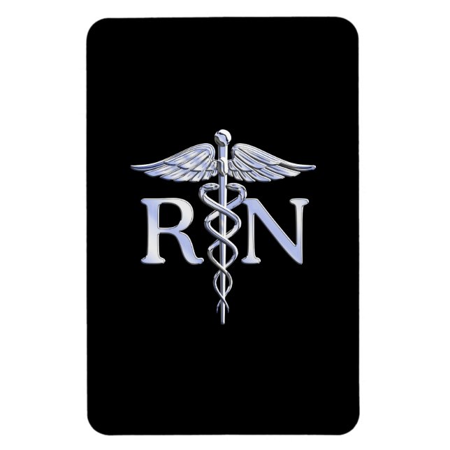 Registered Nurse RN Silver Caduceus on Black Magnet (Vertical)