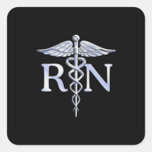 Registered Nurse RN Silver Caduceus on Black Square Sticker