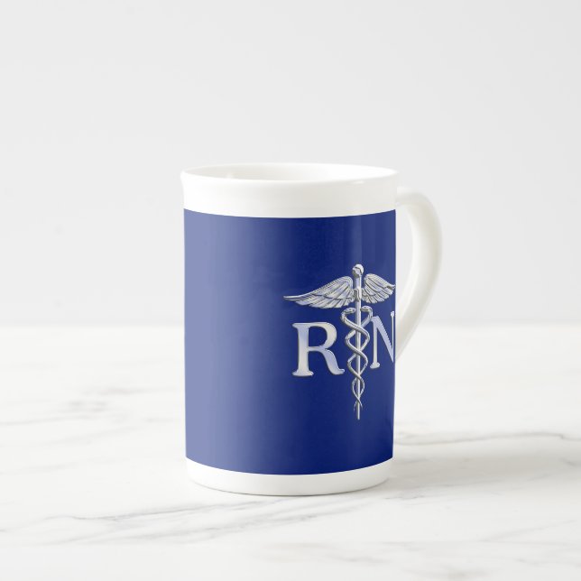 Registered Nurse RN Silver Caduceus on Navy Blue Bone China Mug (Front Right)