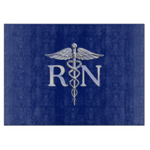 Registered Nurse RN Silver Caduceus on Navy Blue Cutting Board