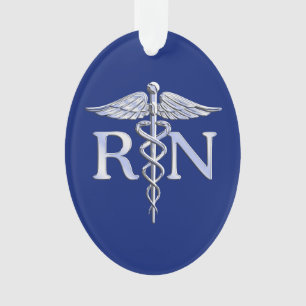 Registered Nurse RN Silver Caduceus on Navy Blue Ornament