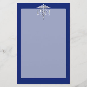 Registered Nurse RN Silver Caduceus on Navy Blue Stationery