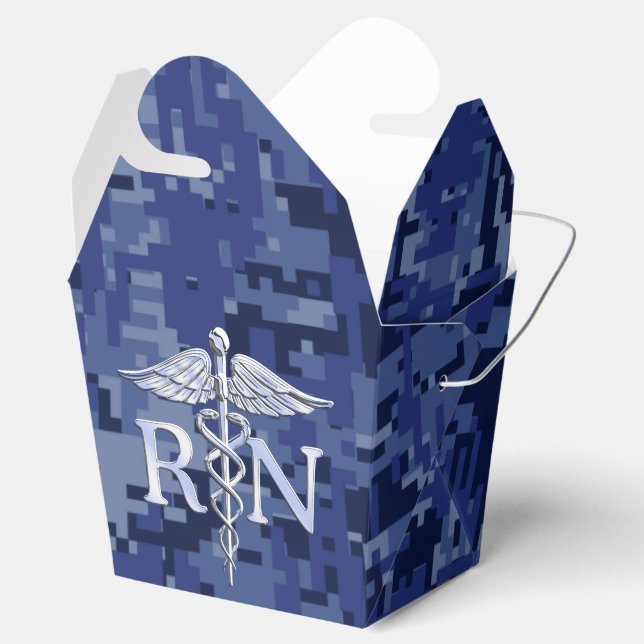 Registered Nurse RN Silver Caduceus on Navy Camo Favor Box (Opened)