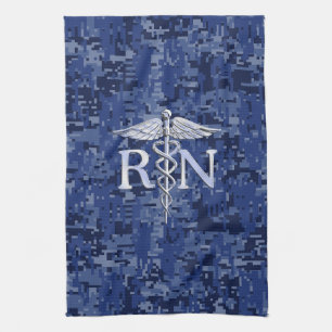 Registered Nurse RN Silver Caduceus on Navy Camo Kitchen Towel