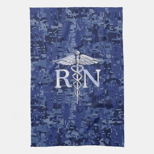Registered Nurse RN Silver Caduceus on Navy Camo Kitchen Towel (Vertical)