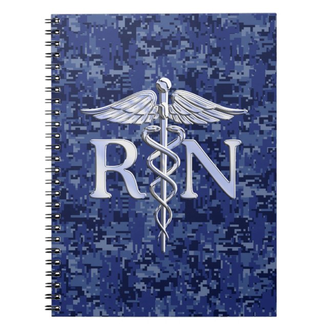 Registered Nurse RN Silver Caduceus on Navy Camo Notebook (Front)