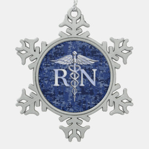Registered Nurse RN Silver Caduceus on Navy Camo Snowflake Pewter Christmas Ornament