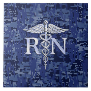 Registered Nurse RN Silver Caduceus on Navy Camo Tile