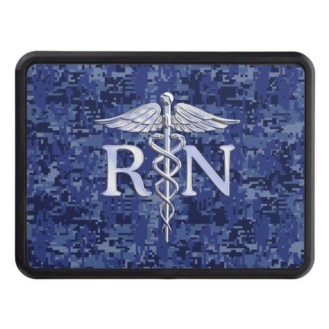 Registered Nurse RN Silver Caduceus on Navy Camo Trailer Hitch Cover (Front)
