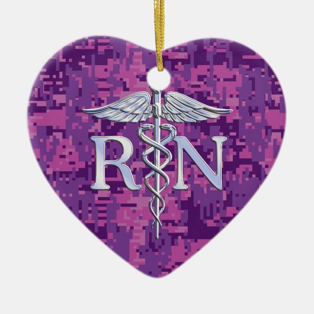 Registered Nurse RN Silver Caduceus on Pink Camo Ceramic Ornament (Front)