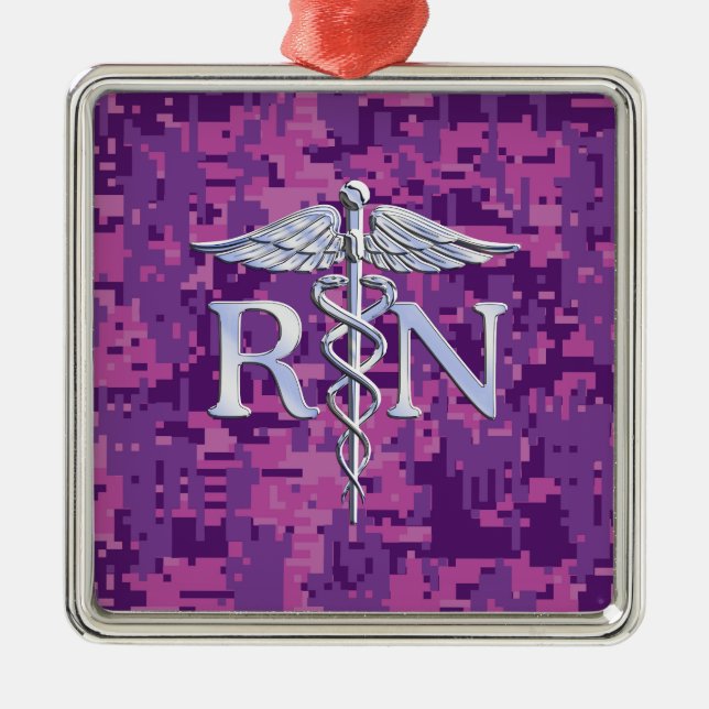 Registered Nurse RN Silver Caduceus on Pink Camo Metal Ornament (Front)