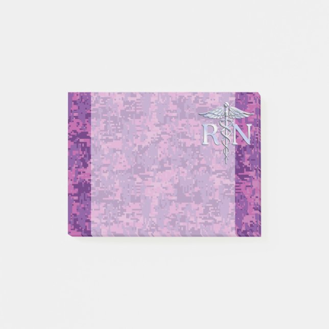 Registered Nurse RN Silver Caduceus on Pink Camo Post-it Notes (Front)