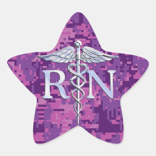 Registered Nurse RN Silver Caduceus on Pink Camo Star Sticker (Front)