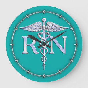 Registered Nurse RN Silver Caduceus on Turquoise Large Clock