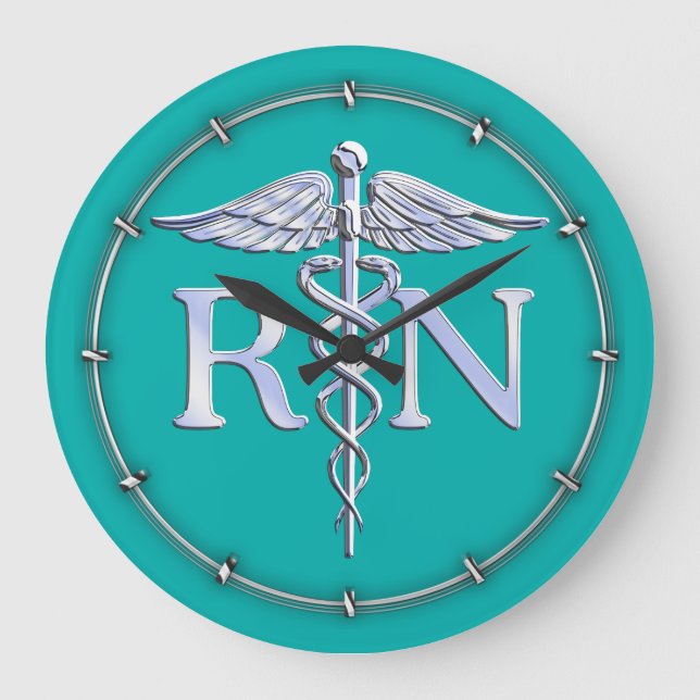 Registered Nurse RN Silver Caduceus on Turquoise Large Clock (Front)