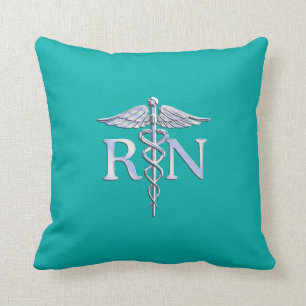Registered Nurse RN Silver Caduceus on Turquoise Throw Pillow