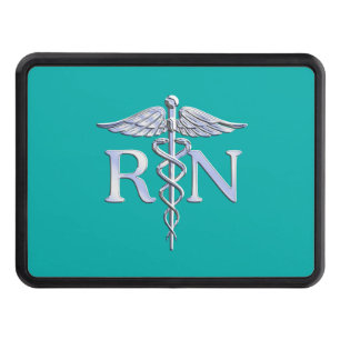 Registered Nurse RN Silver Caduceus on Turquoise Trailer Hitch Cover