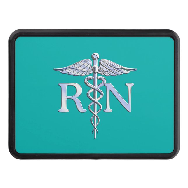 Registered Nurse RN Silver Caduceus on Turquoise Trailer Hitch Cover (Front)