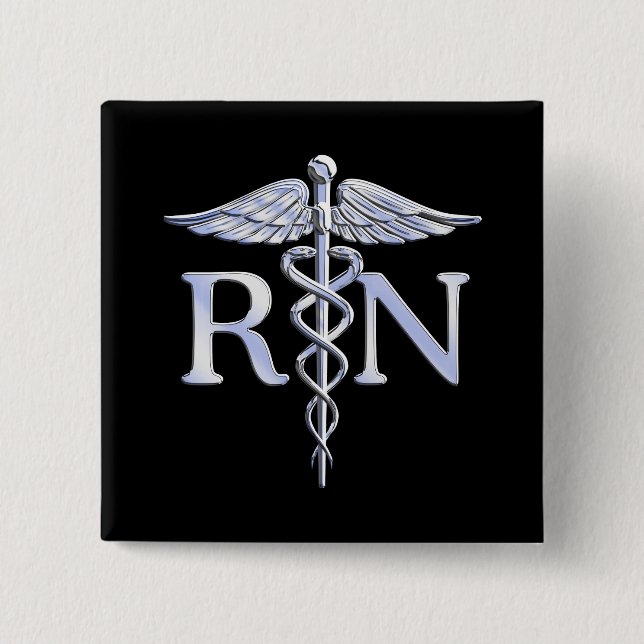 Registered Nurse RN Silver Caduceus Snakes Black 2 Inch Square Button (Front)