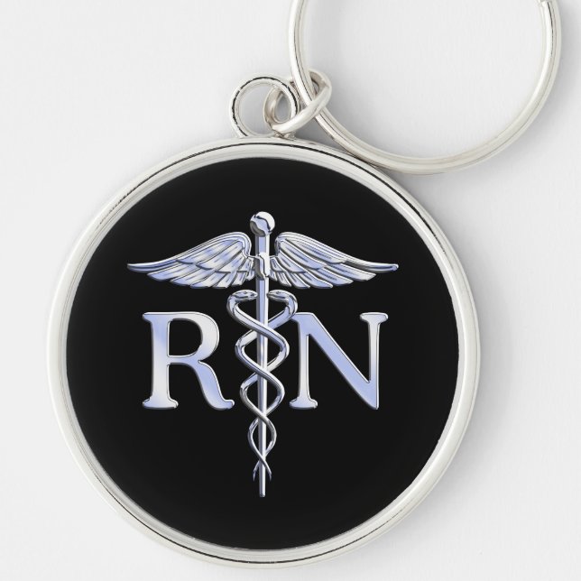Registered Nurse RN Silver Caduceus Snakes Black Keychain (Front)
