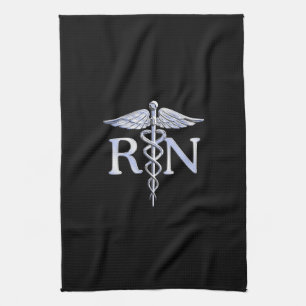 Registered Nurse RN Silver Caduceus Snakes Black Kitchen Towel