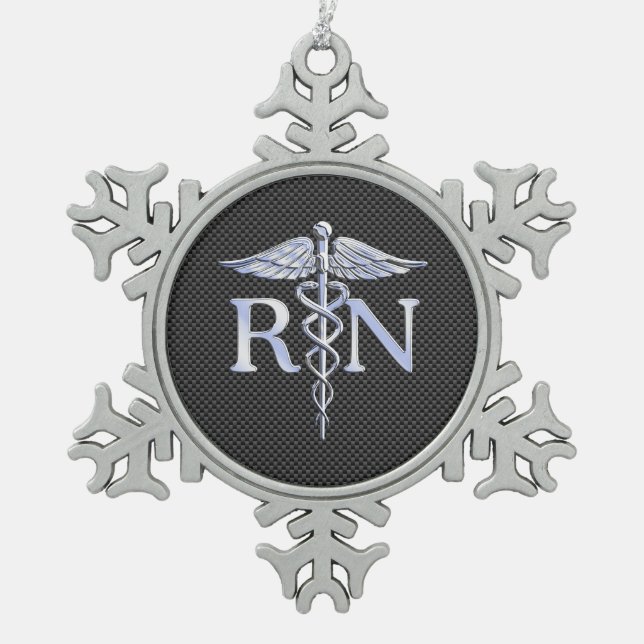 Registered Nurse RN Silver Caduceus Snakes Snowflake Pewter Christmas Ornament (Front)