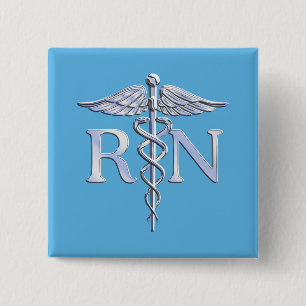 Registered Nurse RN Silver Like Caduceus Baby Blue 2 Inch Square Button