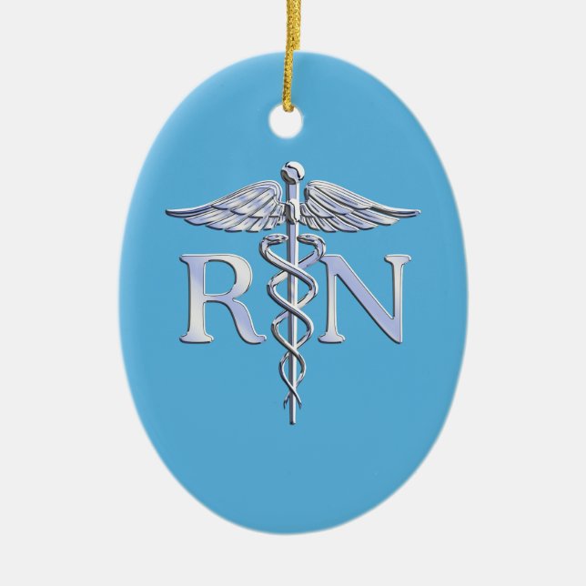 Registered Nurse RN Silver Like Caduceus Baby Blue Ceramic Ornament (Front)