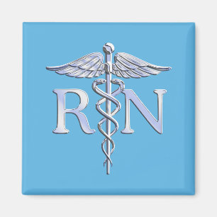 Registered Nurse RN Silver Like Caduceus Baby Blue Magnet