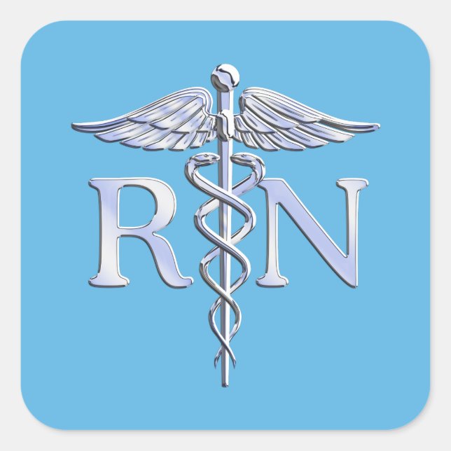 Registered Nurse RN Silver Like Caduceus Baby Blue Square Sticker (Front)