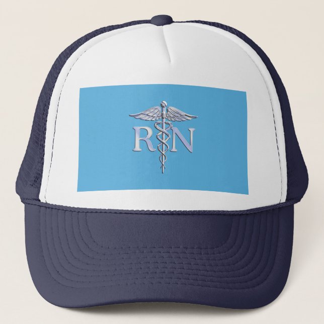 Registered Nurse RN Silver Like Caduceus Baby Blue Trucker Hat (Front)