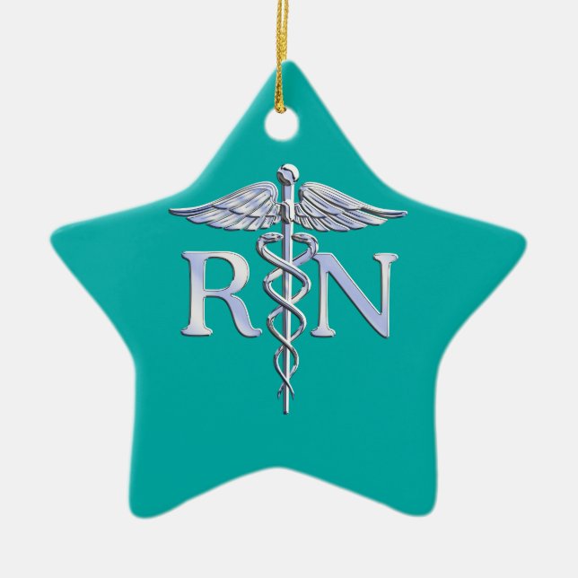 Registered Nurse RN Stylish Caduceus on Turquoise Ceramic Ornament (Front)