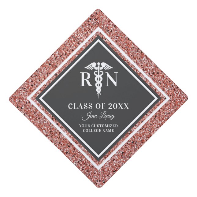Registered Nurse Rose Gold Glitter Customized Name Graduation Cap Topper (Front)