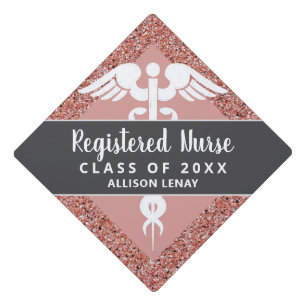 Registered Nurse Rose Gold Glitter Personalized Graduation Cap Topper