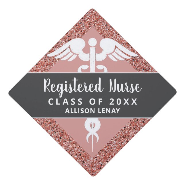 Registered Nurse Rose Gold Glitter Personalized Graduation Cap Topper (Front)