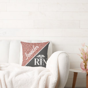 Registered Nurse Rose Gold Pink Glitter Monogram Throw Pillow