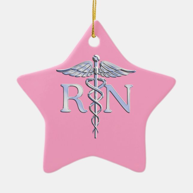 Registered Nurse Silver Caduceus Light Pink Decor Ceramic Ornament (Front)
