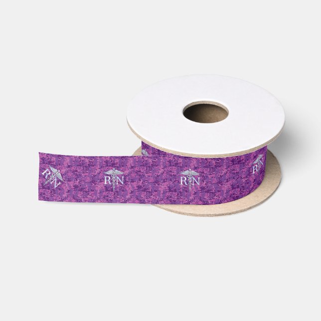 Registered Nurse Silver Caduceus Pink Camouflage Satin Ribbon (Spool)