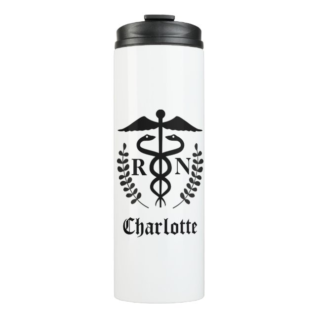 Registered Nurse Simple Black and White Caduceus   Thermal Tumbler (Front)