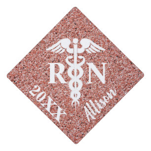 Registered Nurse White Caduceus Rose Gold Glitter Graduation Cap Topper