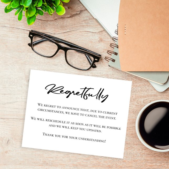 Regretfully black and white cancel announcement postcard (Creator Uploaded)