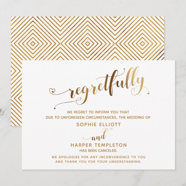 Regretfully Cancelled Wedding Gold Calligraphy Car Invitation (Front/Back)