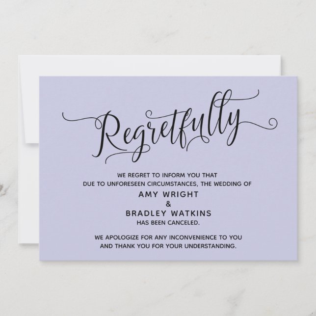 Regretfully Elegant Lavender Cancelled Wedding Car Invitation (Front)