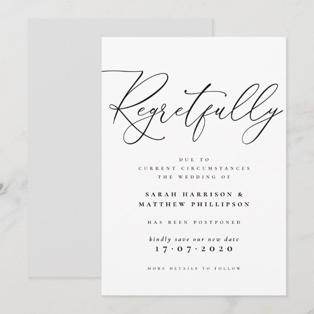 Regretfully Script Postponed Wedding Announcement (Front/Back)