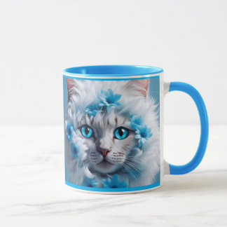 Regular blue mug with beautiful white cat 