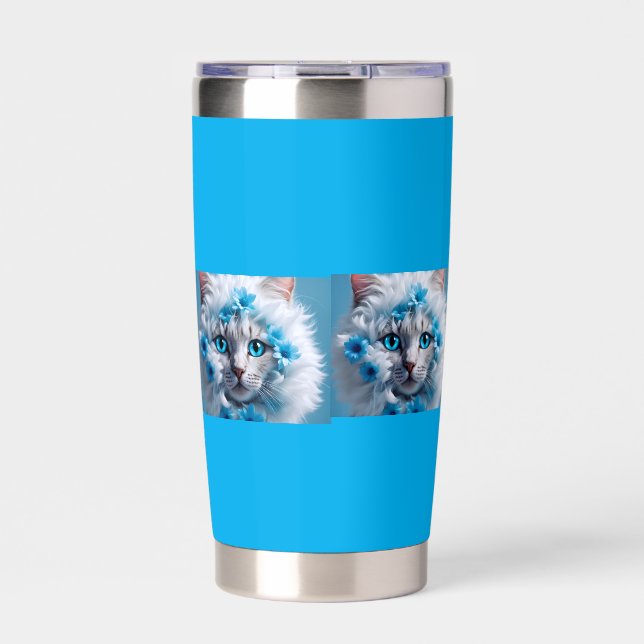 Regular blue mug with beautiful white cat  insulated tumbler (Front)