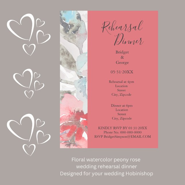 rehearsal apricot wedding & pastel floral peony   invitation (Floral watercolor peony rose 
wedding rehearsal dinner
Designed for your wedding Hobinishop)