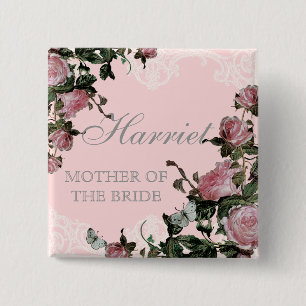Rehearsal Bridal Party tags, Trellis Rose Vintage 2 Inch Square Button
